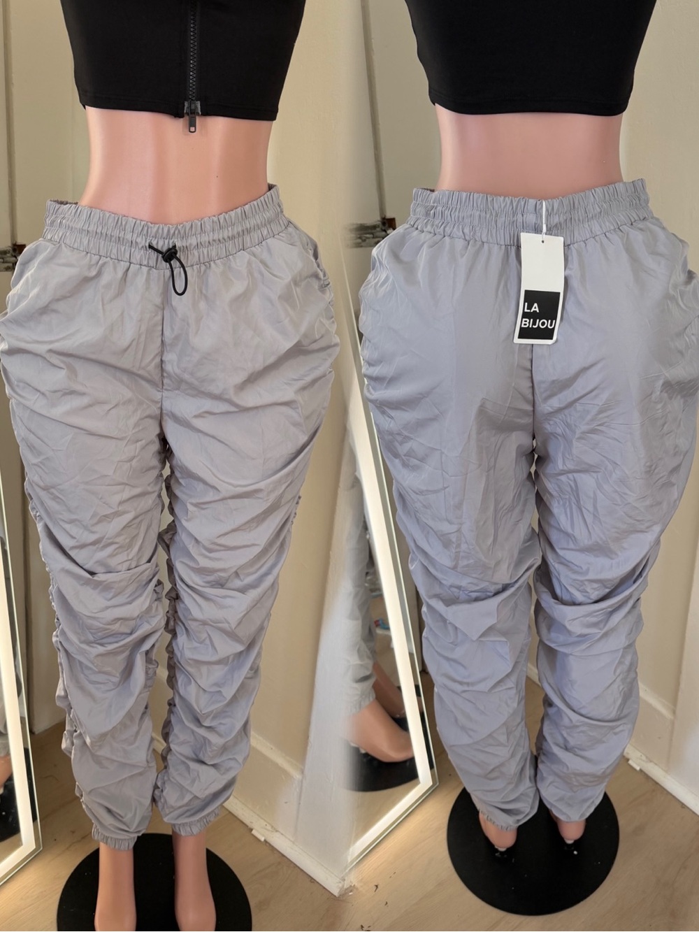 Gray Ruched Elastic-Waist Joggers